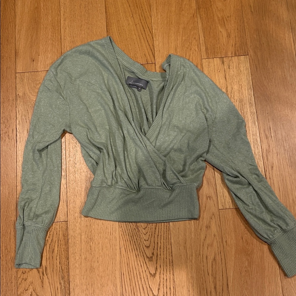 Anthropologie Women’s Hacci Faux Wrap Sweater V Neck Soft Cozy Green Size XS